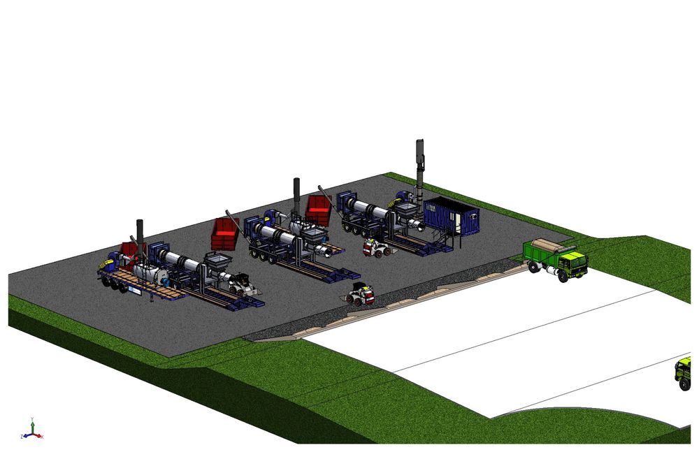 Multiple trailer-mounted gasifier units staged on a site lot