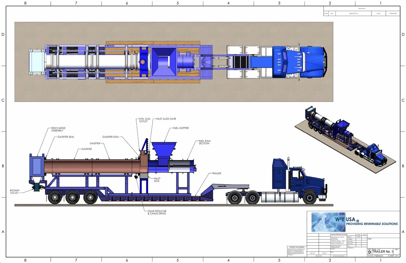 Trailer No. 1 detail drawing showing gasifier, gear reducer, fuel hopper and rotary valve